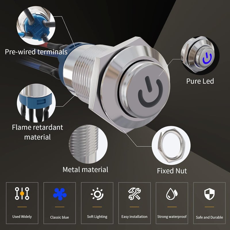 STARELO 5PCS 12mm Latching LED Push Button Switch Mini Round Silver Shell with Pre-Wired, Power Mark Logo, IP65 Waterproof Push Button Switch, 1NO 1 Normally, Self Latching (Blue) with LED. - Image 3